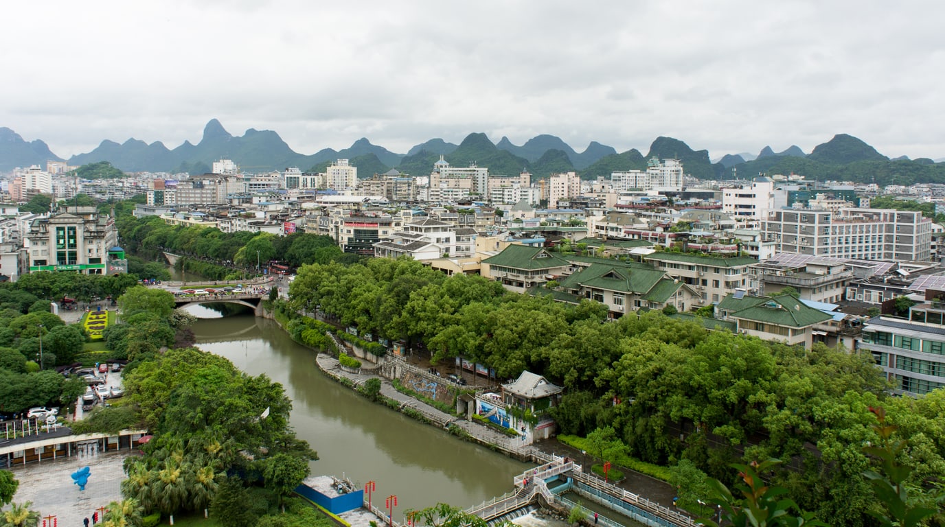 Guilin city threaded between karst towers and rivers