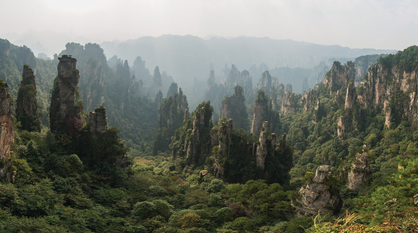 Quartz-sandstone pillars and forest at Tianzi Mountain in Zhangjiajie