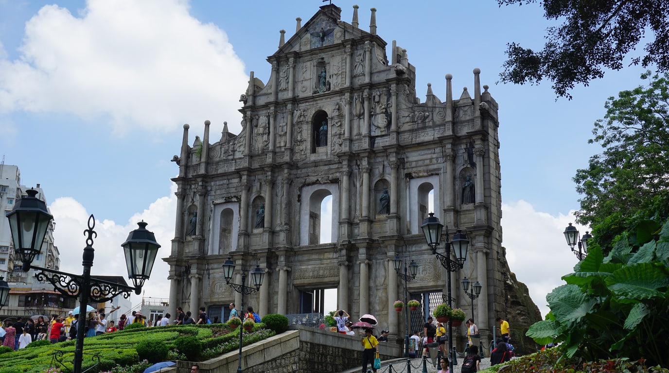 The stone façade and staircase of the Ruins of St Paul’s in Macao