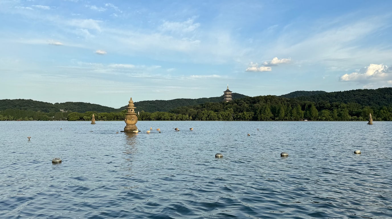 Causeways and wooded hills around West Lake in Hangzhou